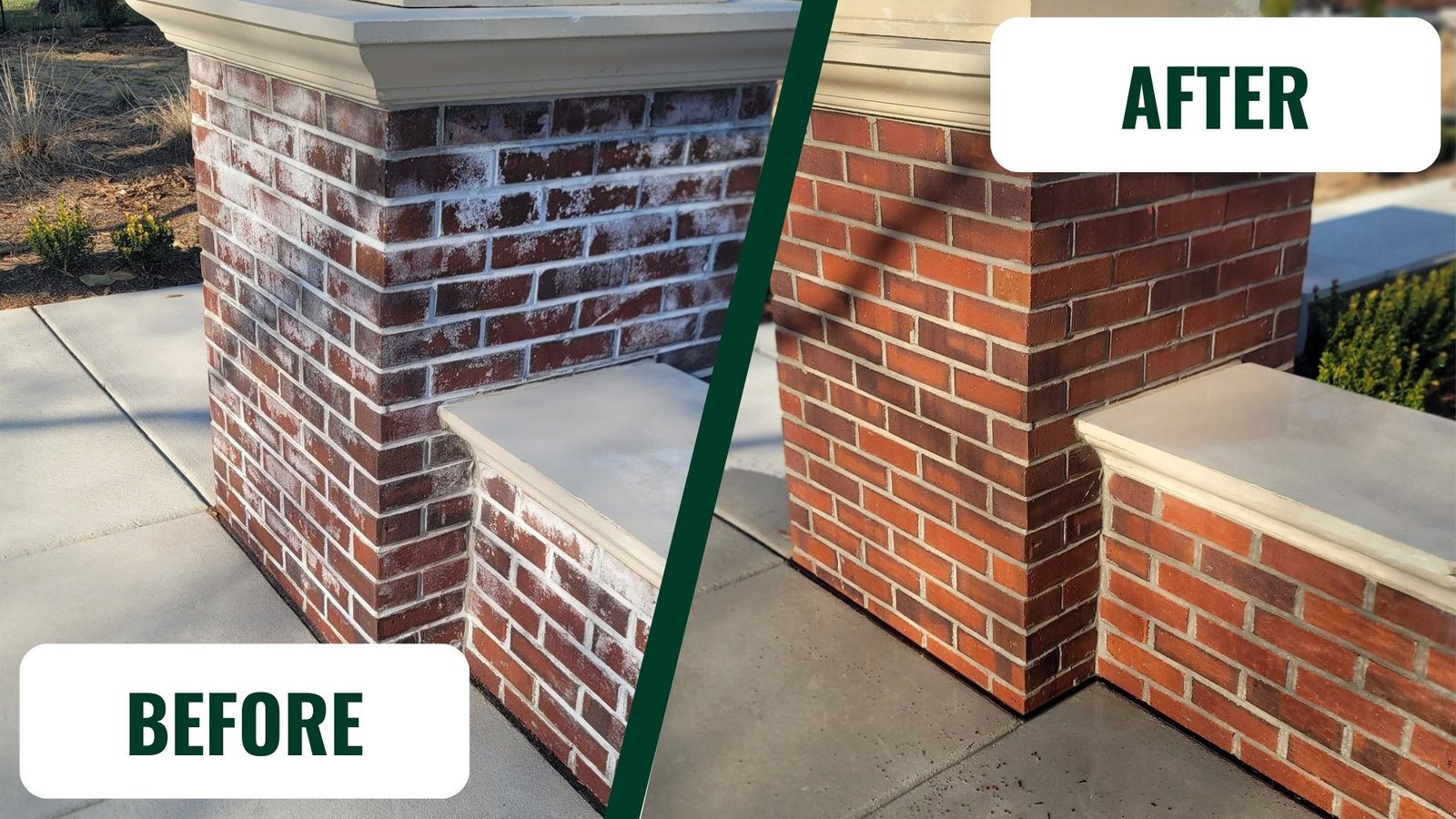 Brick pillar before and after pressure washing, with white efflorescence and grime fully removed to reveal the original red brick