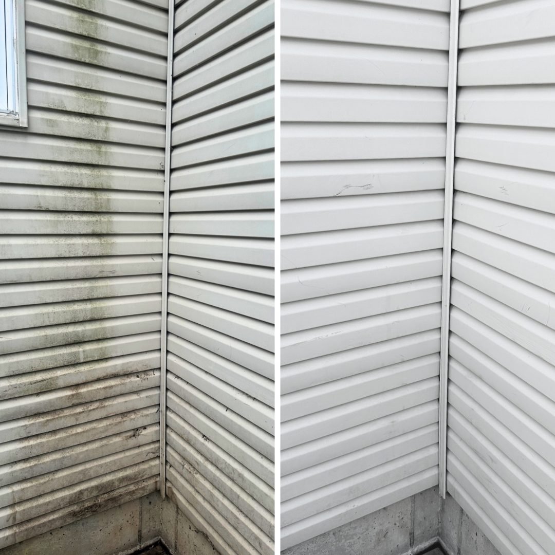 Dirty vinyl siding cleaned to look new again