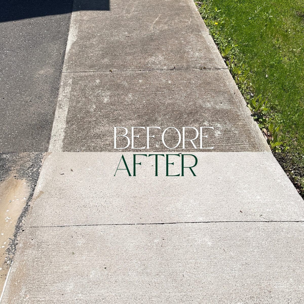 Concrete walkway before and after pressure washing