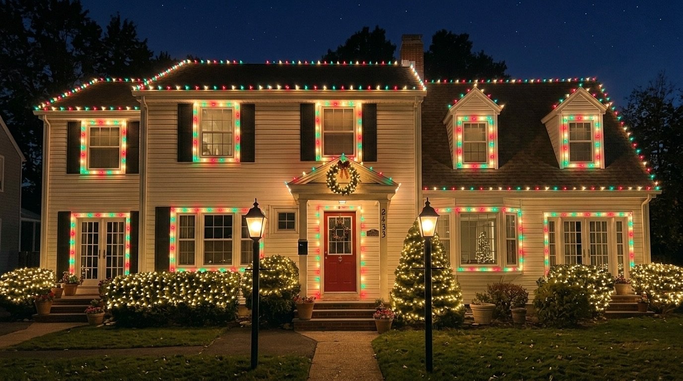 A two-storey Halifax home with a full professional holiday lighting display &mdash; warm-white roofline, wrapped columns and a lit wreath